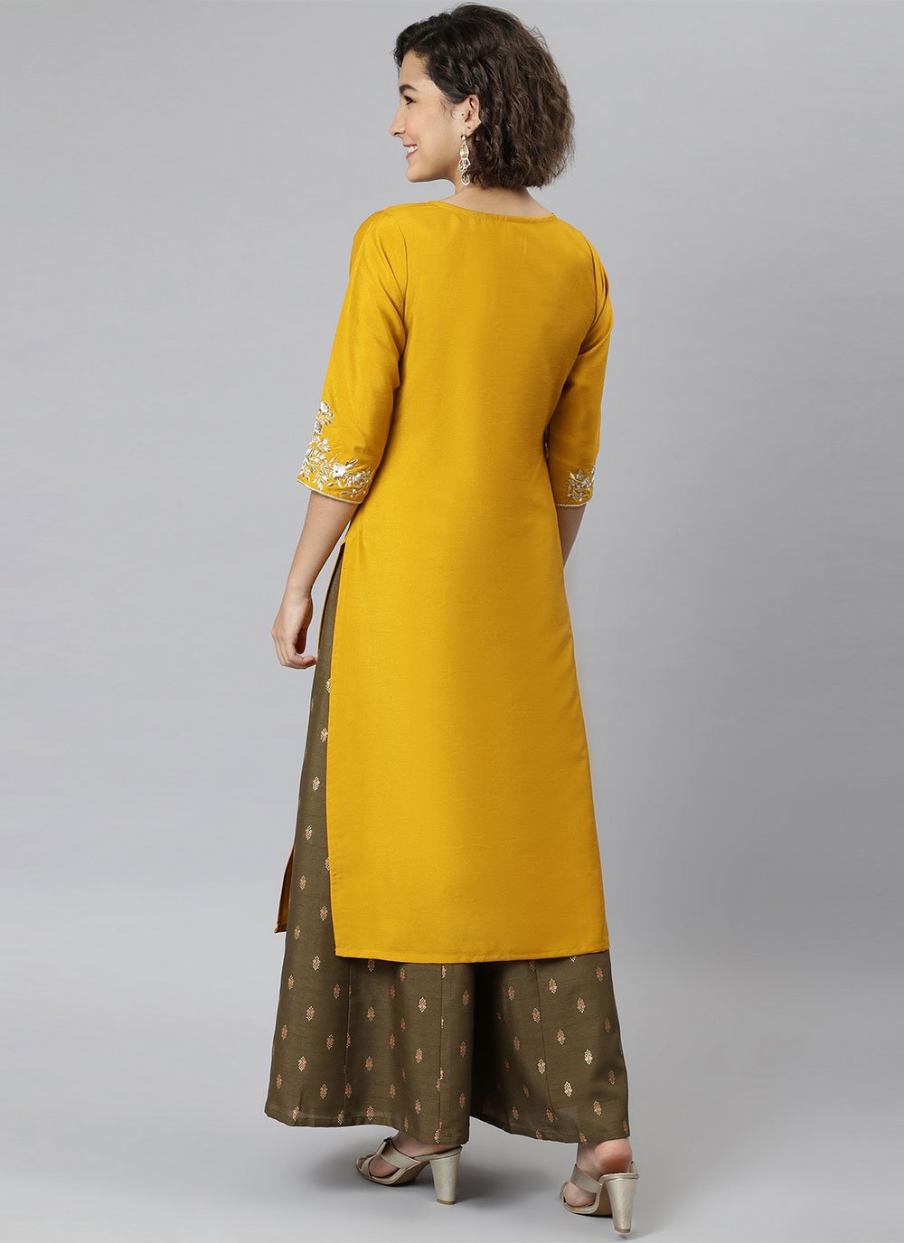 Designer Kurti Silk Yellow Embroidered Kurtis