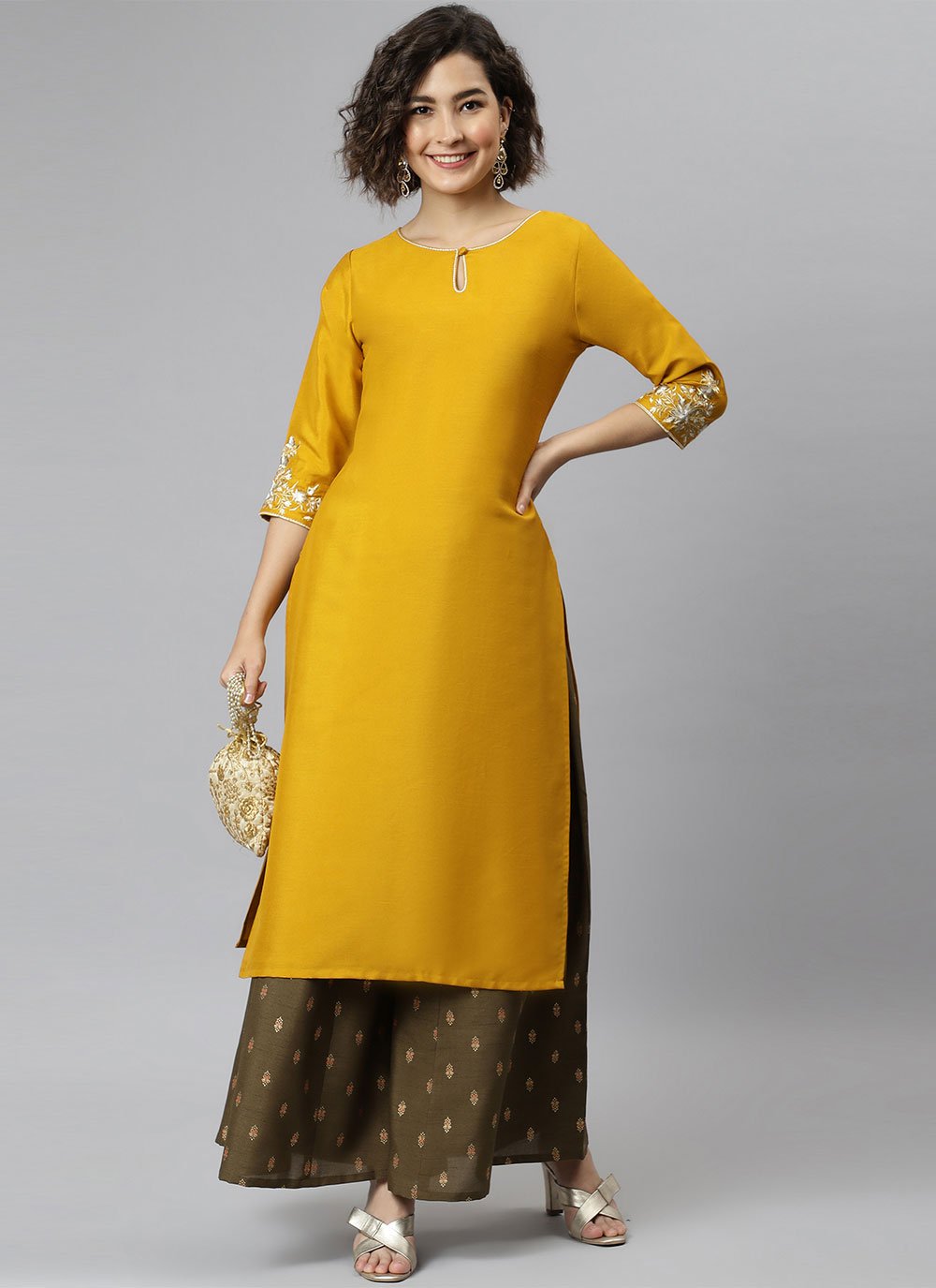 Designer Kurti Silk Yellow Embroidered Kurtis