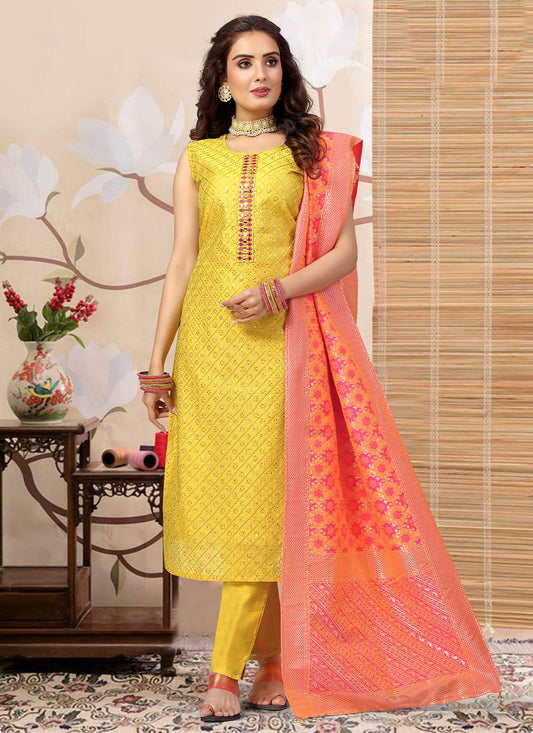 Pant Style Suit Silk Yellow Embroidered Salwar Kameez