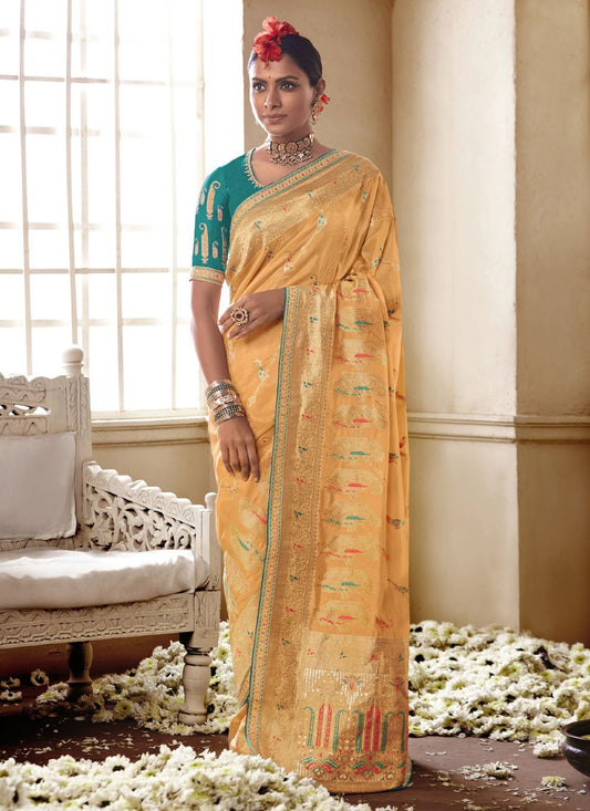 Designer Silk Yellow Embroidered Saree