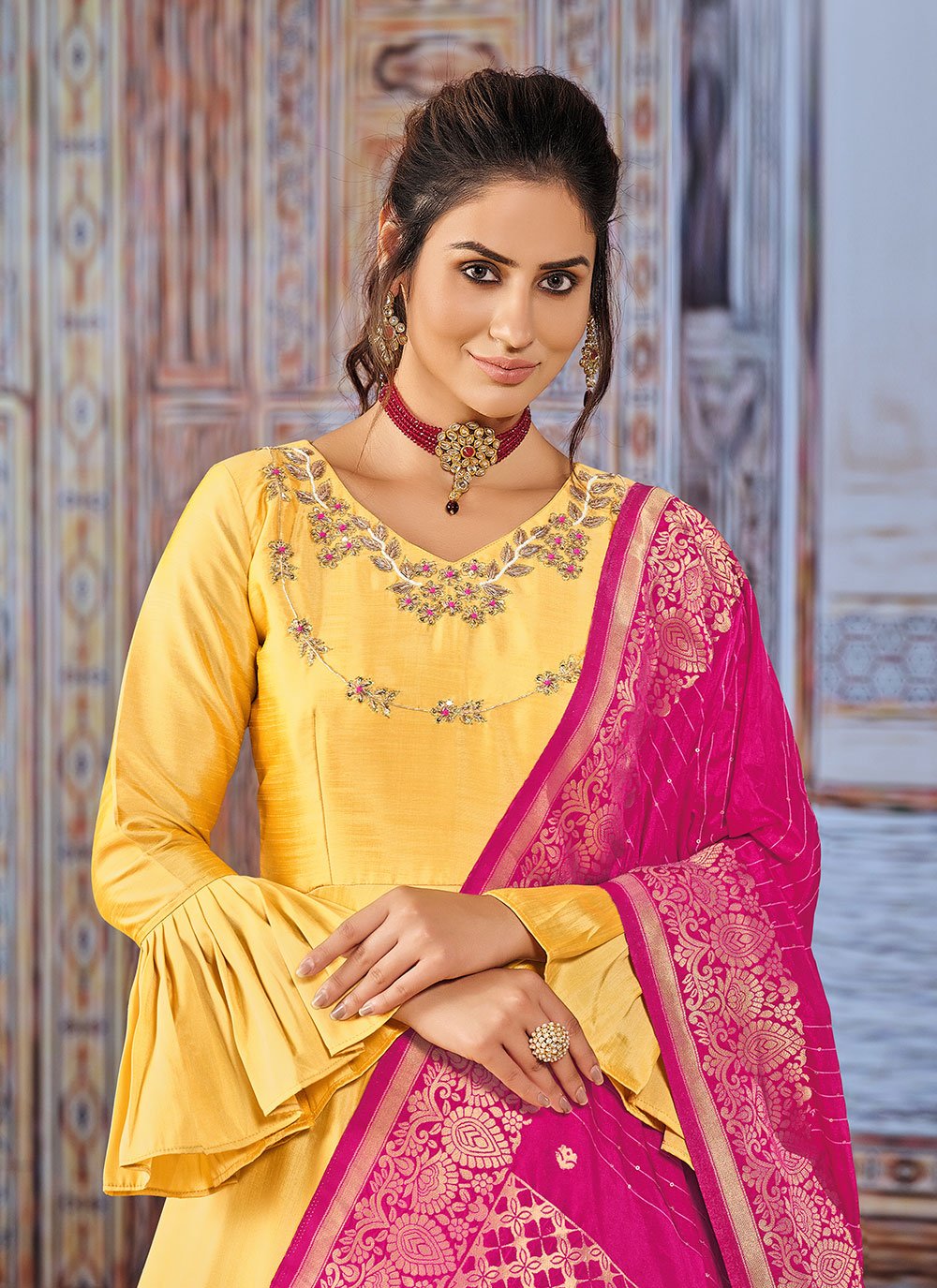 Salwar Suit Silk Yellow Embroidered Salwar Kameez