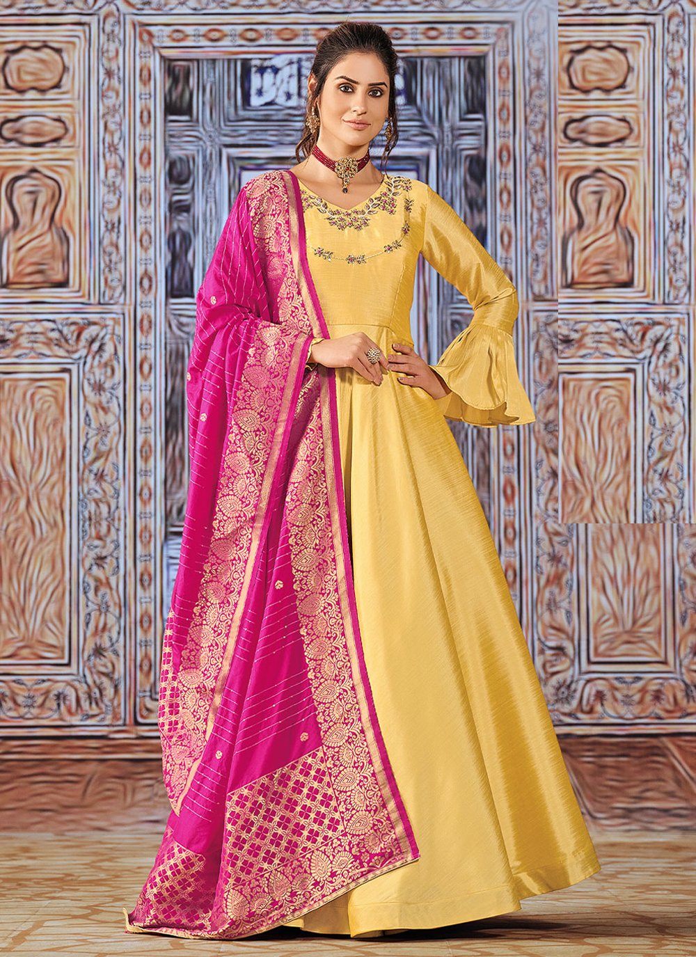Salwar Suit Silk Yellow Embroidered Salwar Kameez