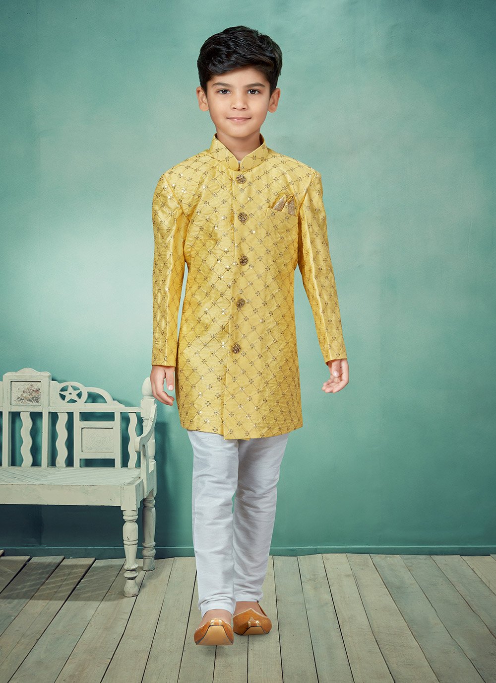 Indo Western Silk Yellow Embroidered Kids