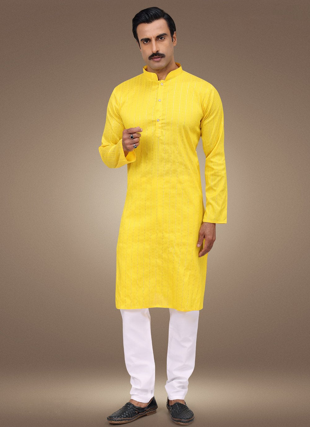 Kurta Pyjama Silk Yellow Fancy Work Mens