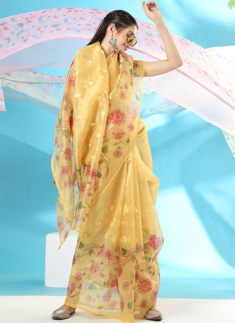 Classic Organza Silk Yellow Booti Saree