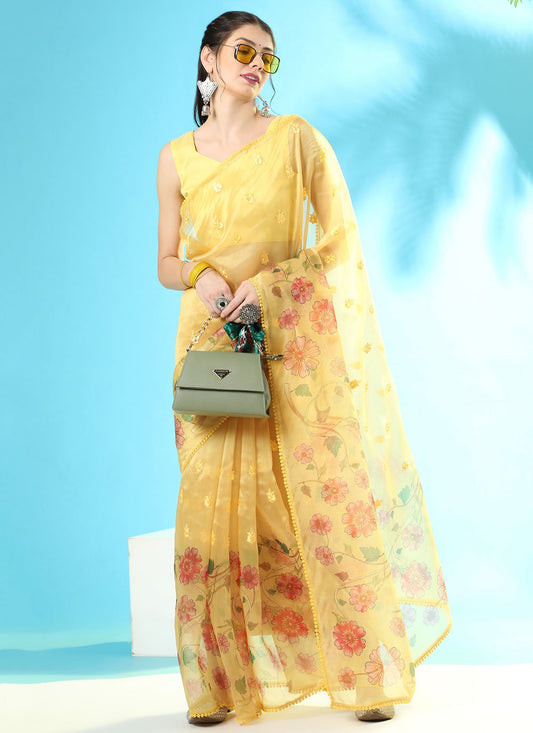 Classic Organza Silk Yellow Booti Saree