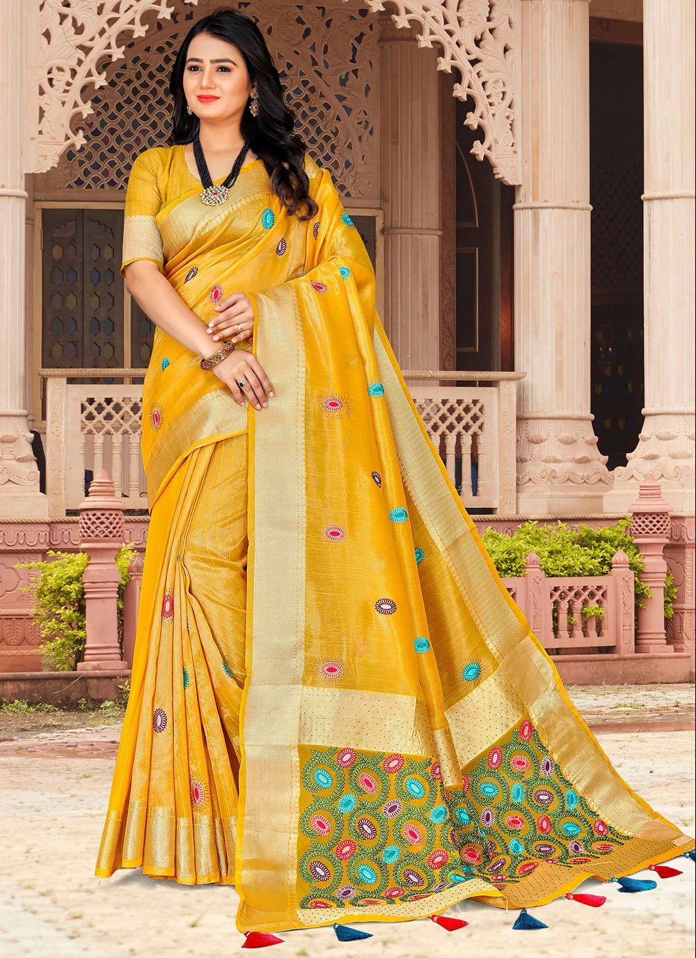 Contemporary Silk Tissue Yellow Embroidered Saree