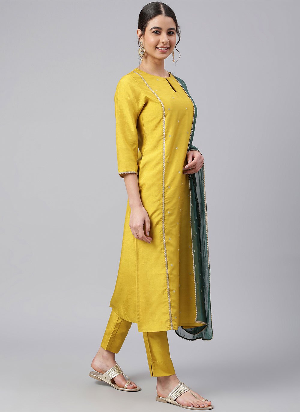 Straight Salwar Suit Poly Silk Yellow Woven Salwar Kameez