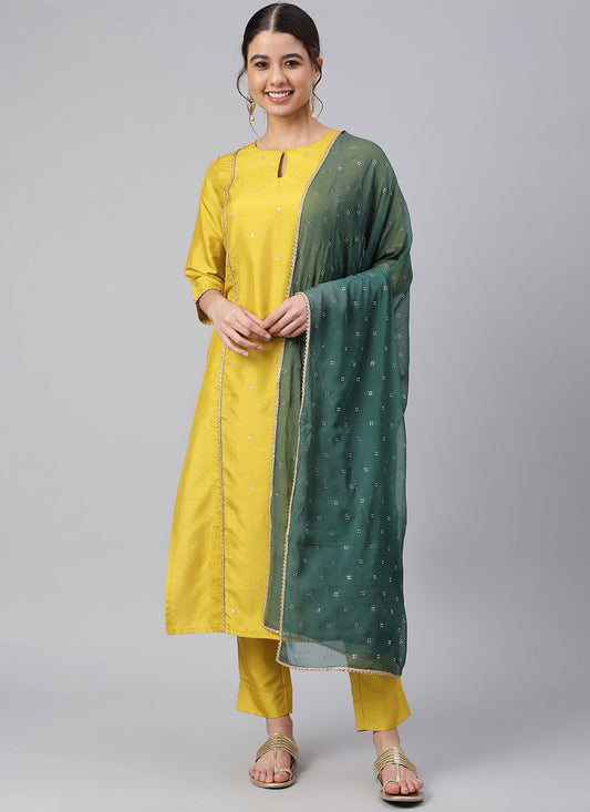 Straight Salwar Suit Poly Silk Yellow Woven Salwar Kameez