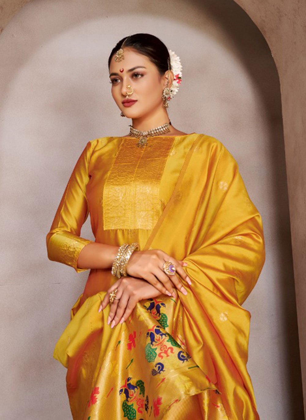 Pant Style Suit Tafeta Silk Yellow Jacquard Work Salwar Kameez