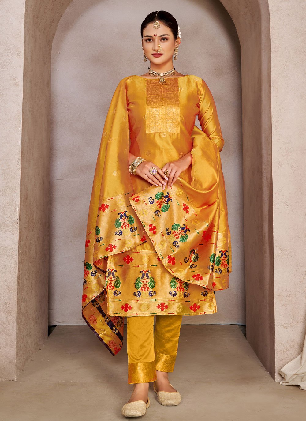 Pant Style Suit Tafeta Silk Yellow Jacquard Work Salwar Kameez