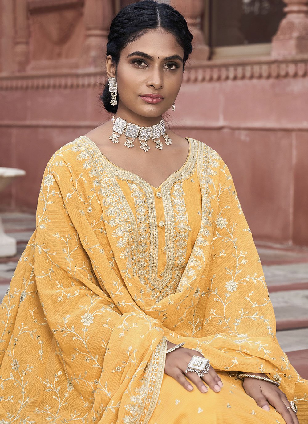 Floor Lenght Salwar Suit Georgette Yellow Sequins Salwar Kameez