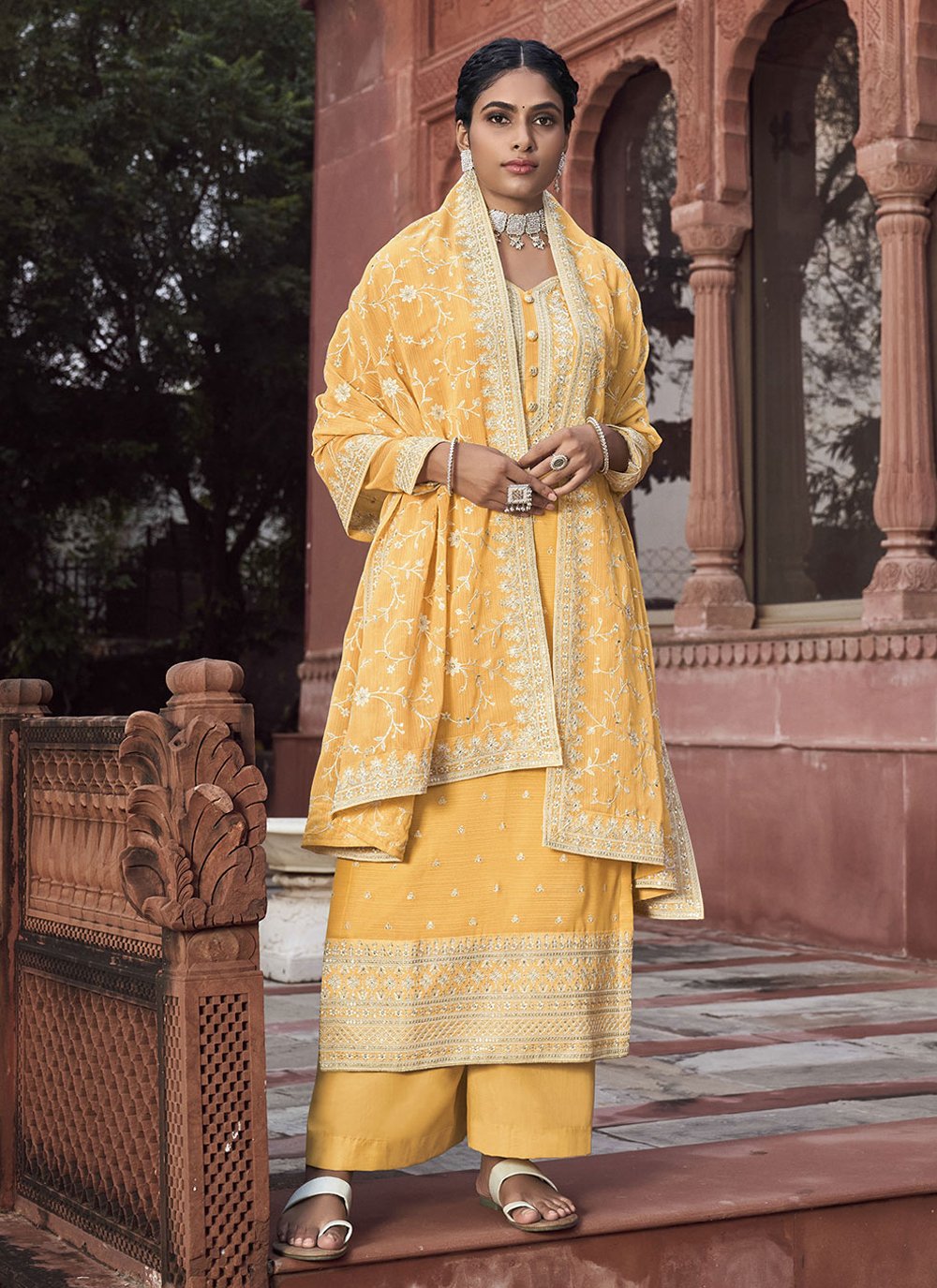 Floor Lenght Salwar Suit Georgette Yellow Sequins Salwar Kameez