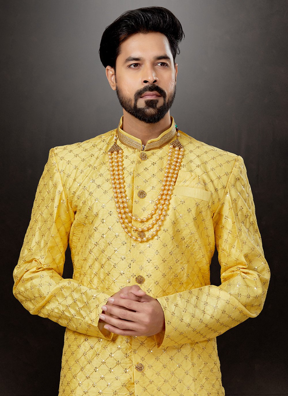 Indo Western Sherwani Banarasi Jacquard Yellow Embroidered Mens