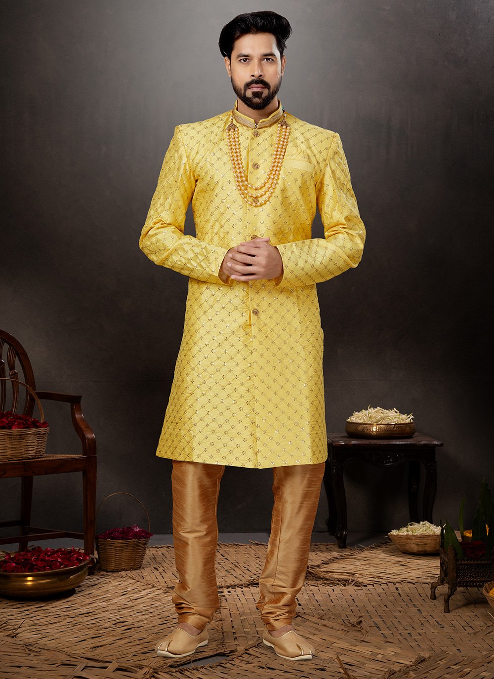 Indo Western Sherwani Banarasi Jacquard Yellow Embroidered Mens