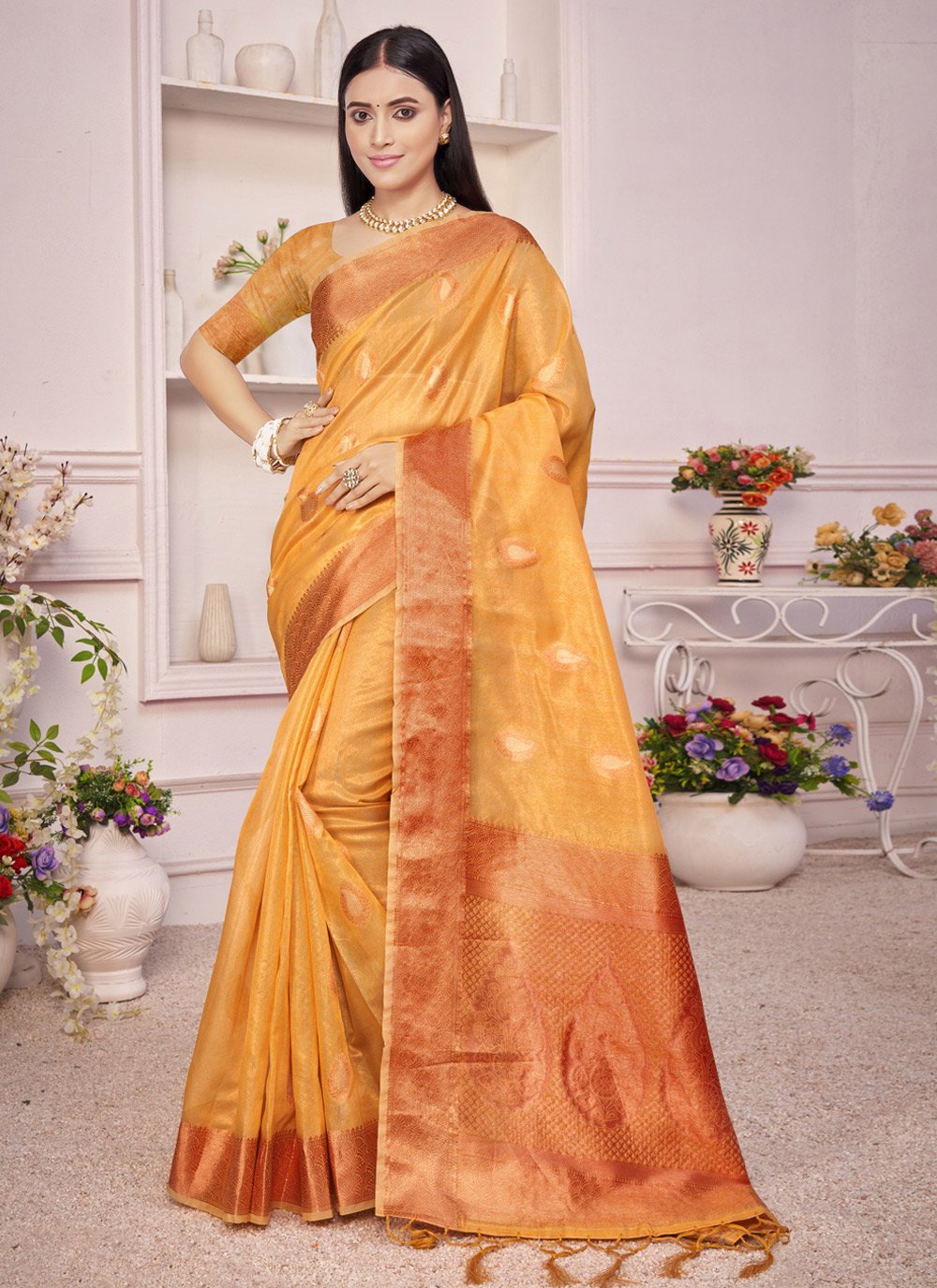 Designer Organza Yellow Thread Saree