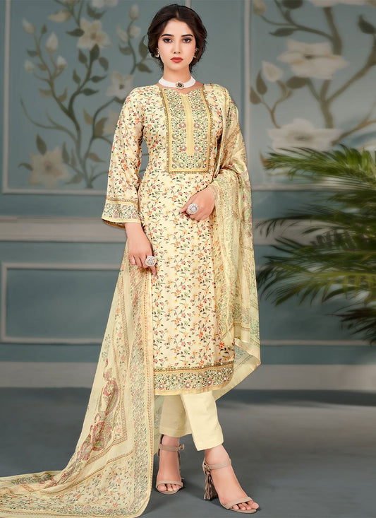 Pant Style Suit Muslin Yellow Floral Patch Salwar Kameez