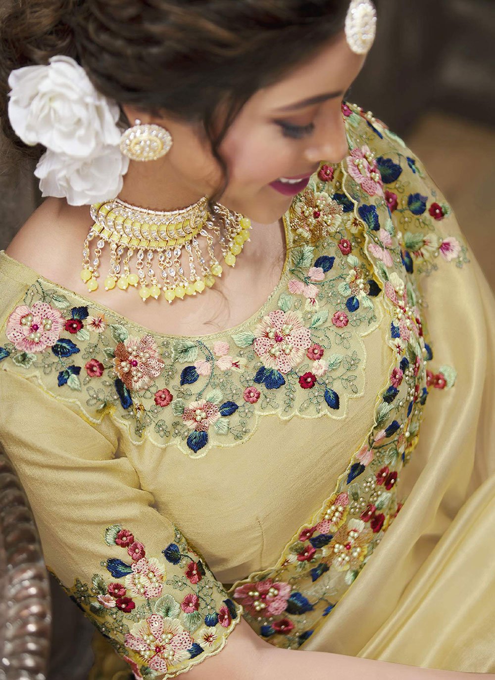 Classic Tissue Yellow Embroidered Saree