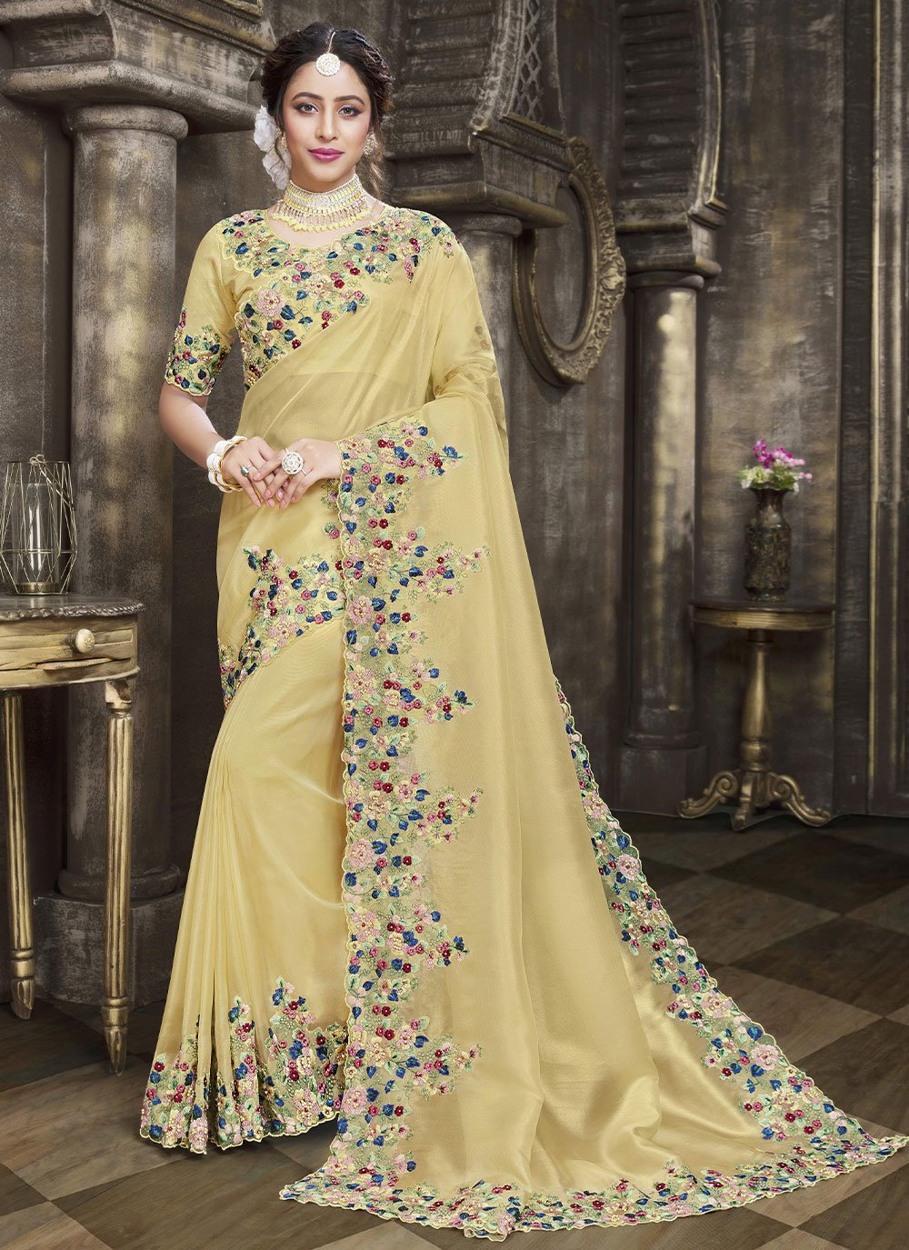 Classic Tissue Yellow Embroidered Saree