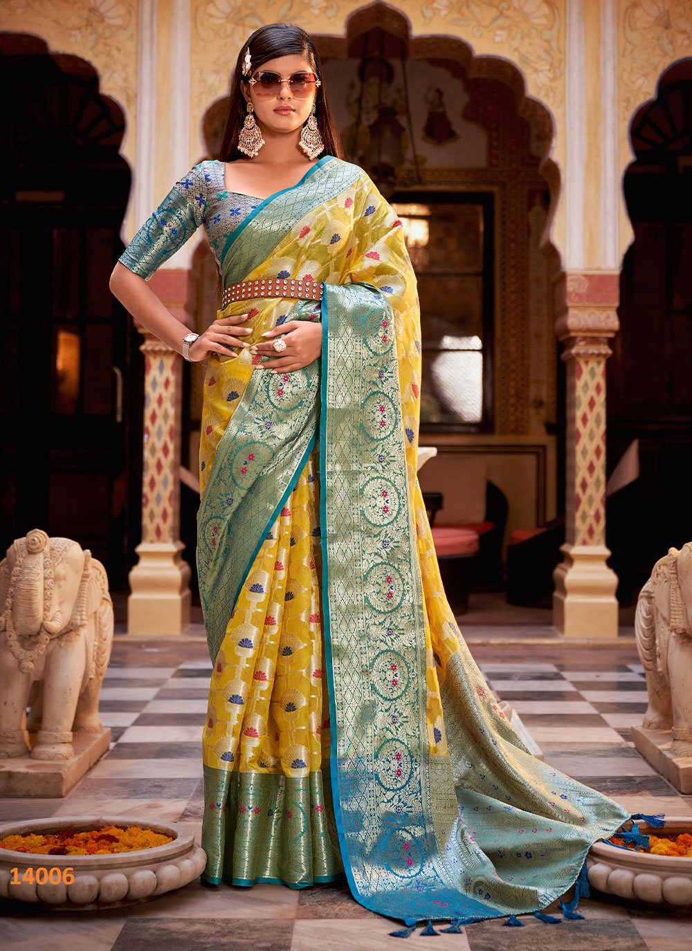 Trendy Saree Silk Tissue Yellow Weaving Saree