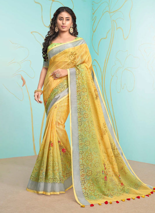 Trendy Saree Organza Yellow Digital Print Saree