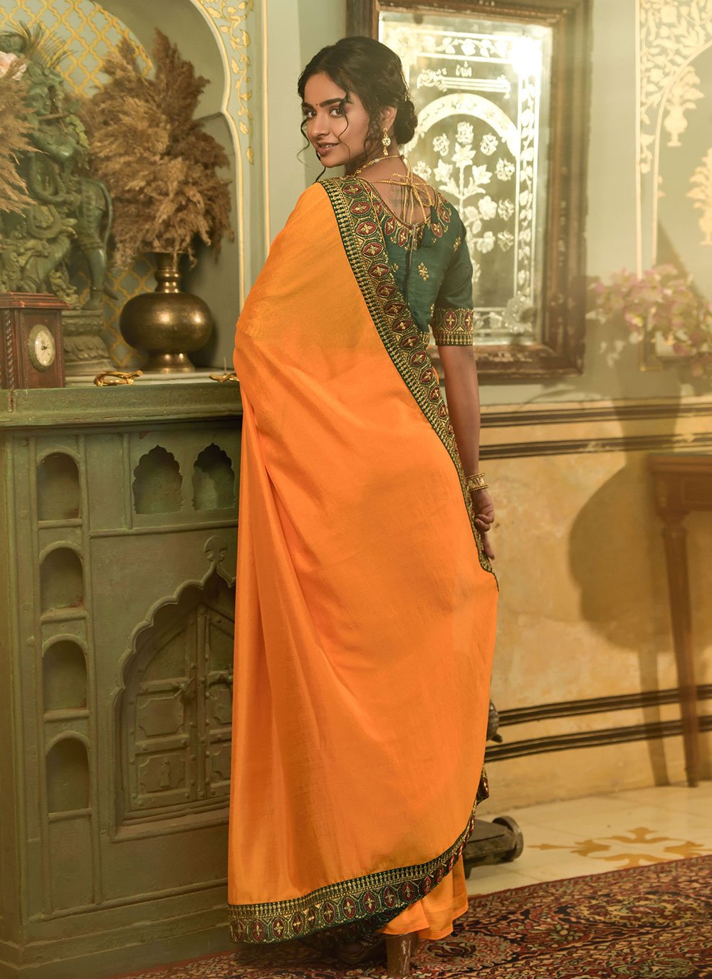 Classic Vichitra Silk Yellow Embroidered Saree