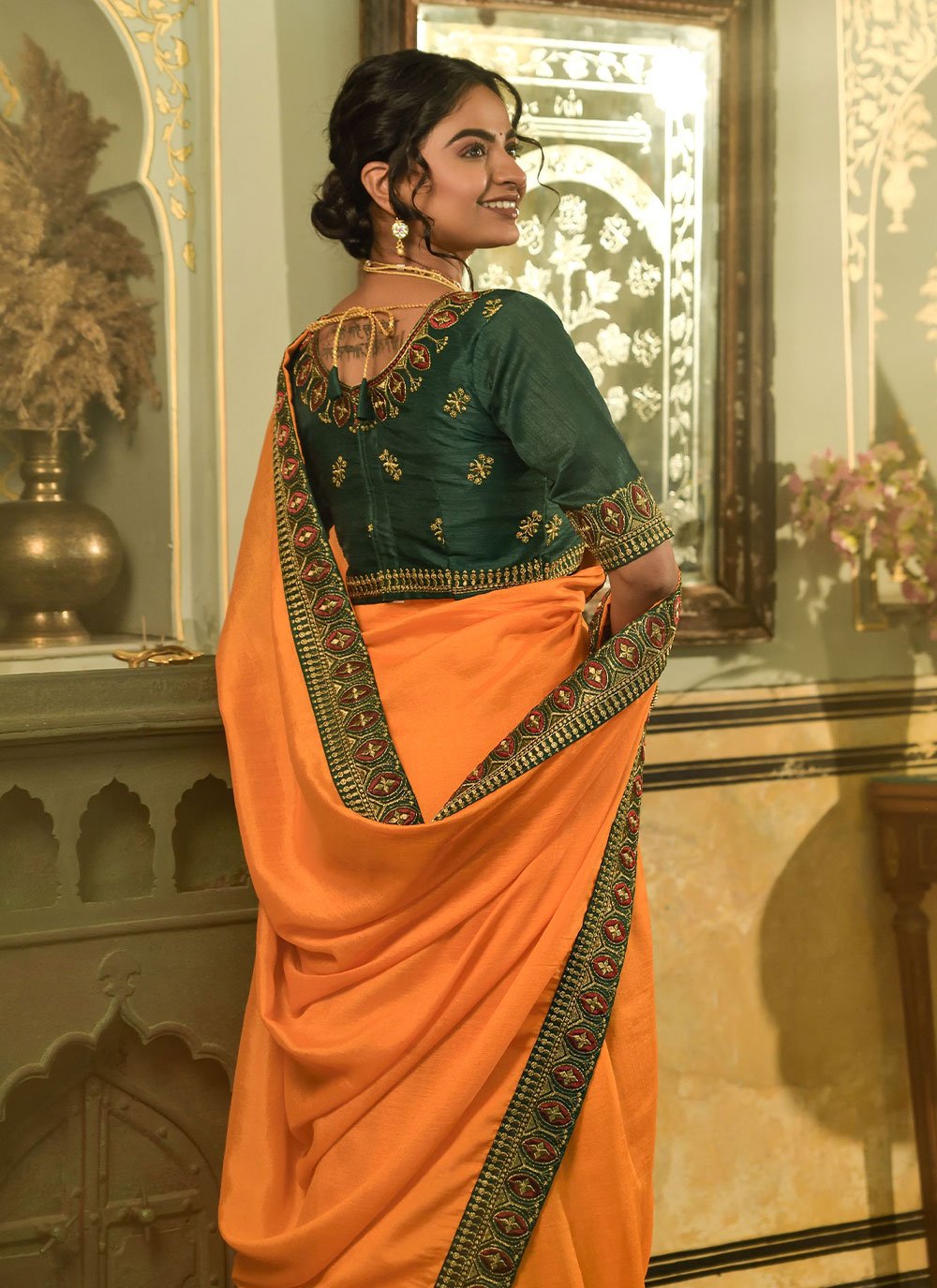 Classic Vichitra Silk Yellow Embroidered Saree