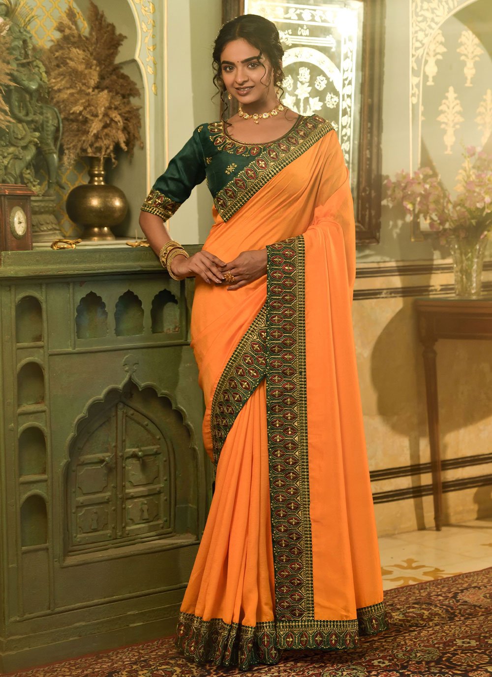 Classic Vichitra Silk Yellow Embroidered Saree