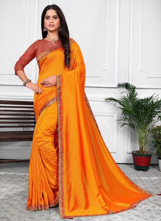 Classic Vichitra Silk Yellow Patch Border Saree