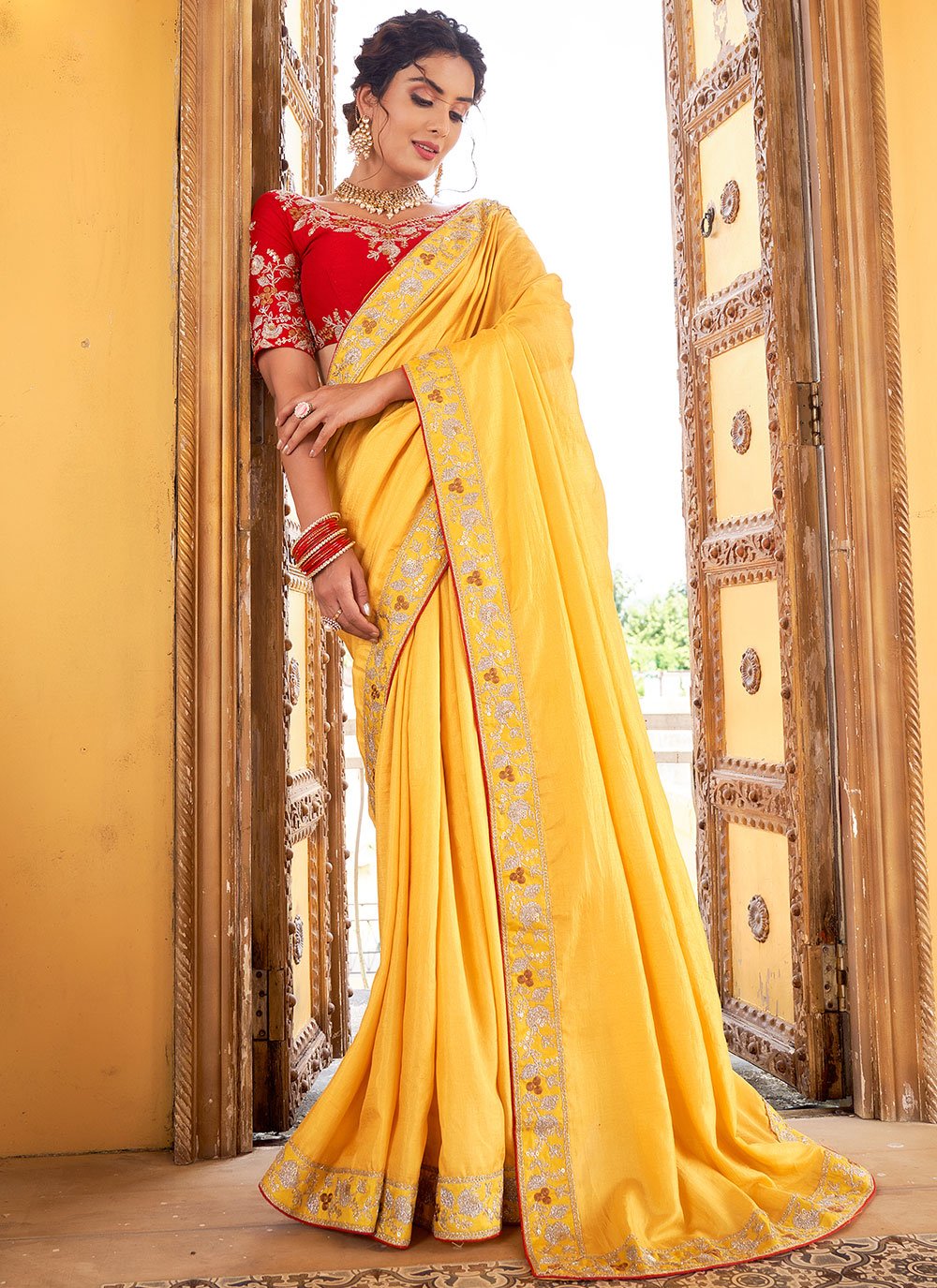 Classic Vichitra Silk Yellow Embroidered Saree