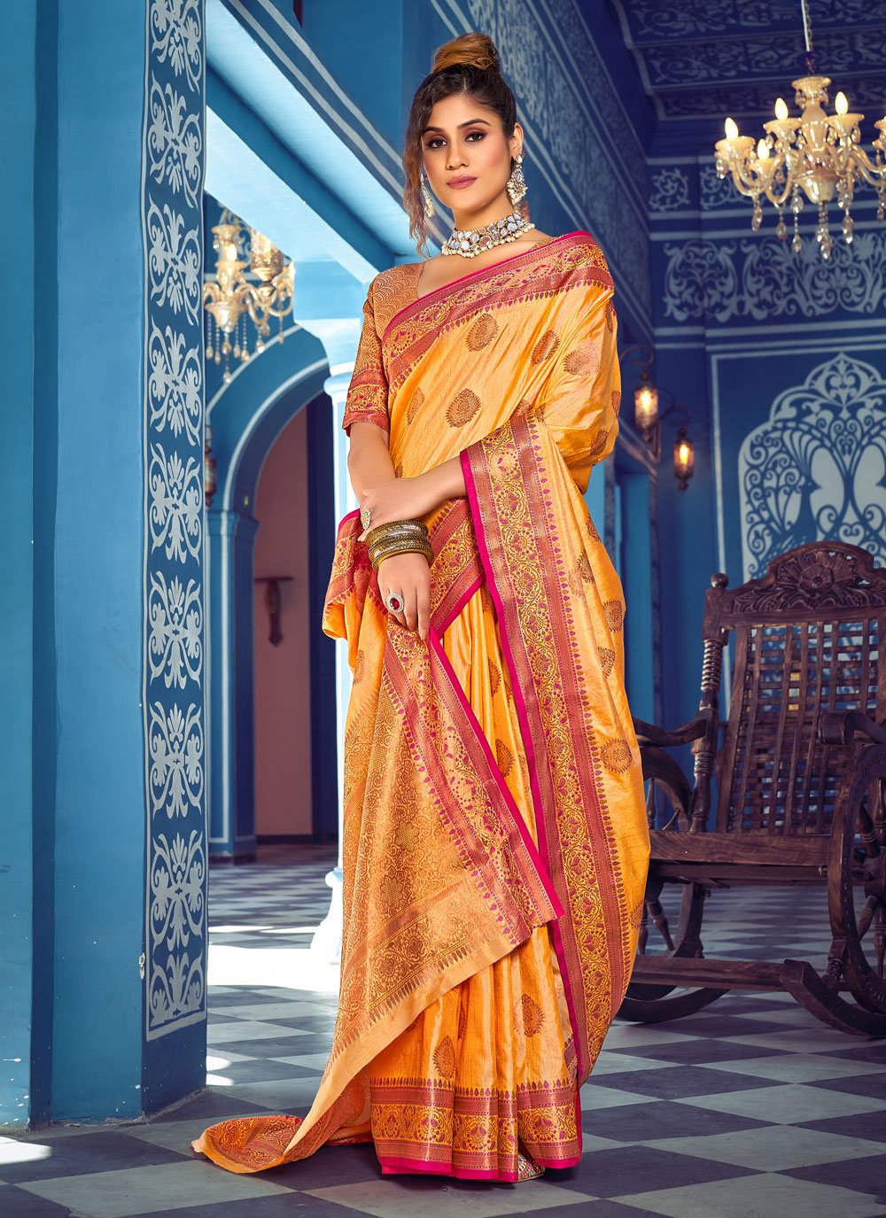 Designer Banarasi Silk Yellow Weaving Saree