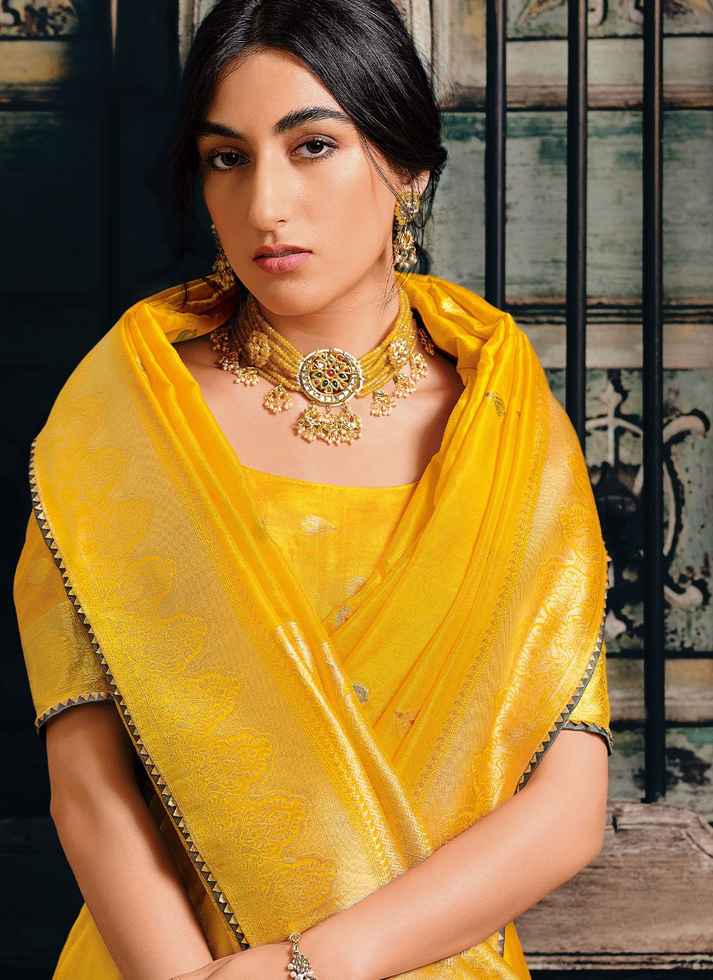 Contemporary Silk Tissue Yellow Weaving Saree