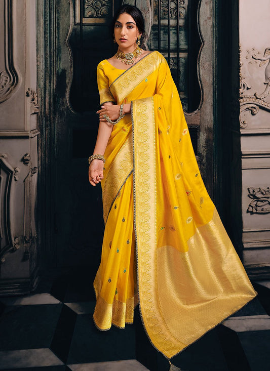 Contemporary Silk Tissue Yellow Weaving Saree