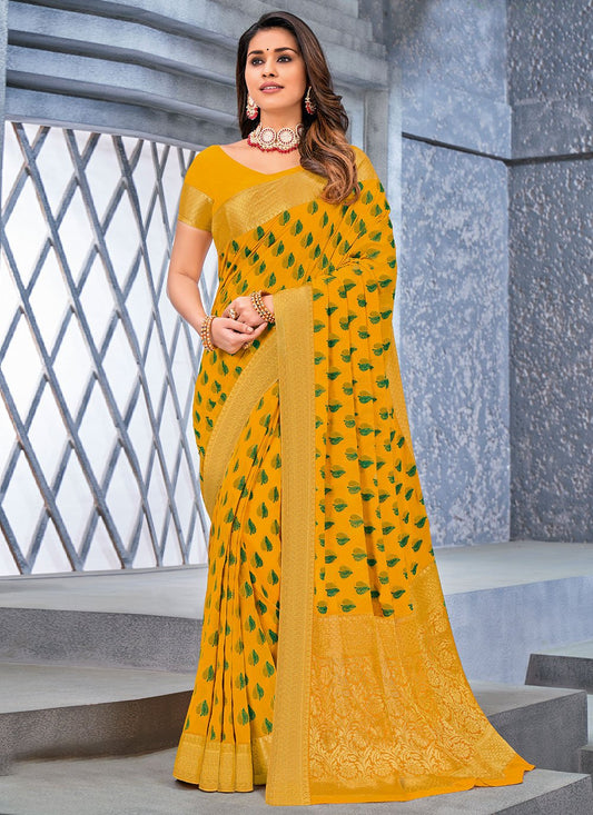 Contemporary Chiffon Viscose Yellow Weaving Saree