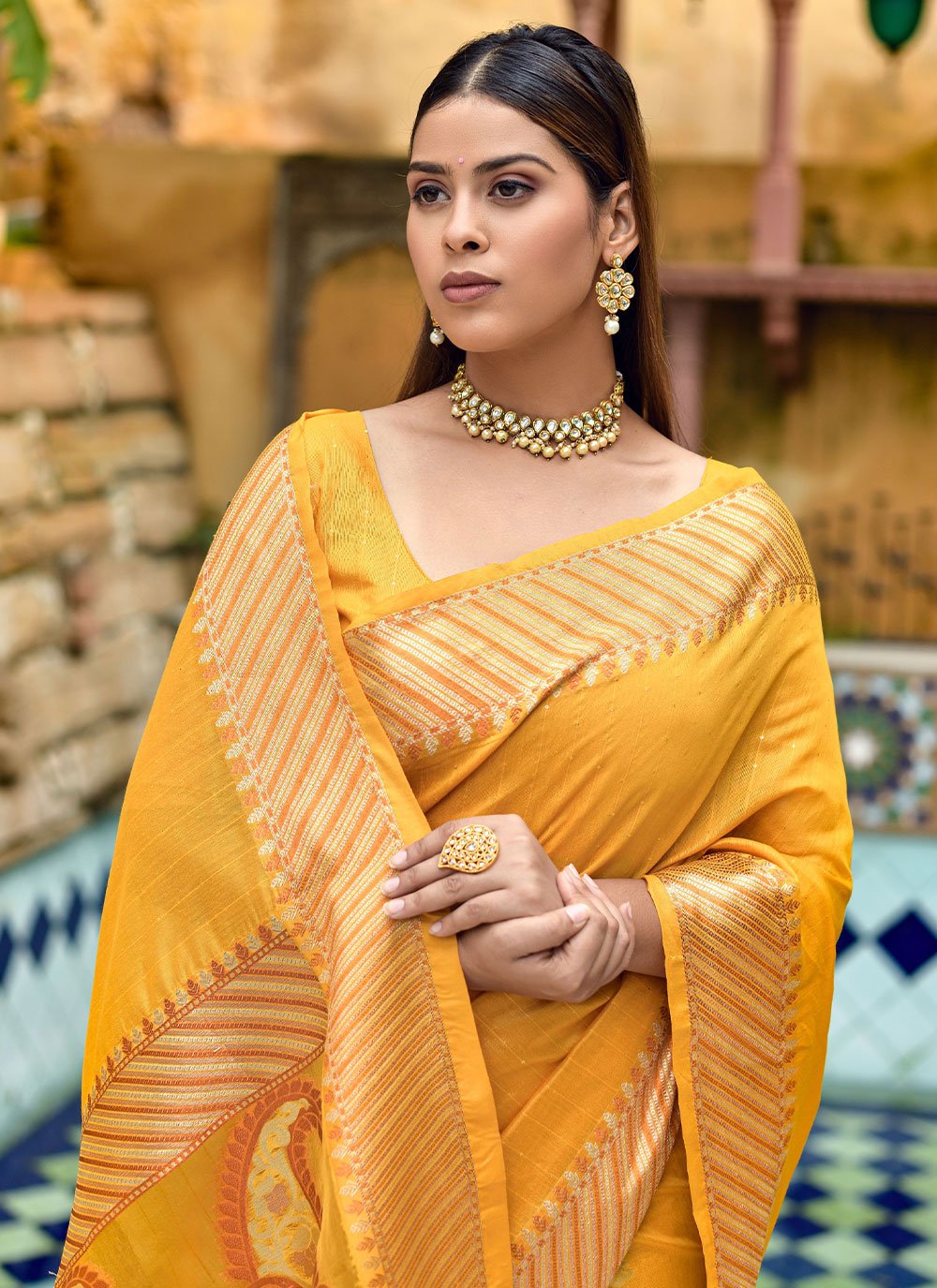 Traditional Saree Cotton Silk Yellow Weaving Saree