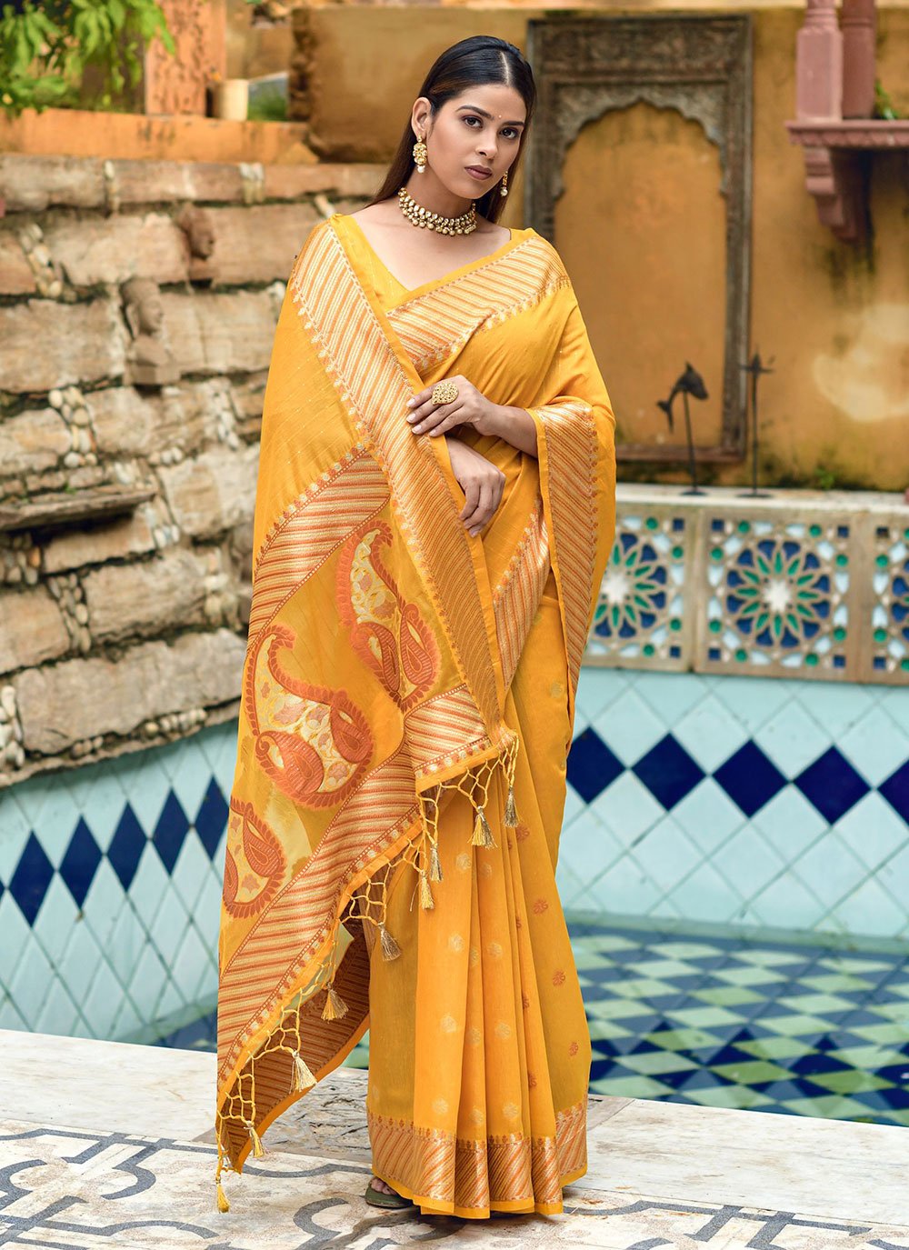 Traditional Saree Cotton Silk Yellow Weaving Saree