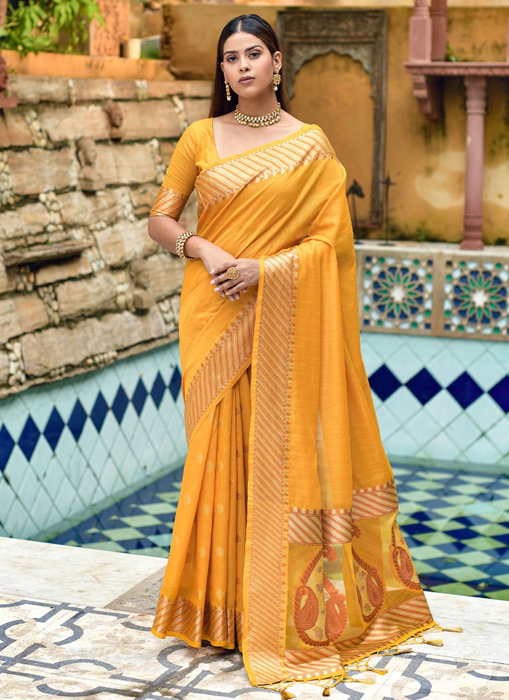 Traditional Saree Cotton Silk Yellow Weaving Saree