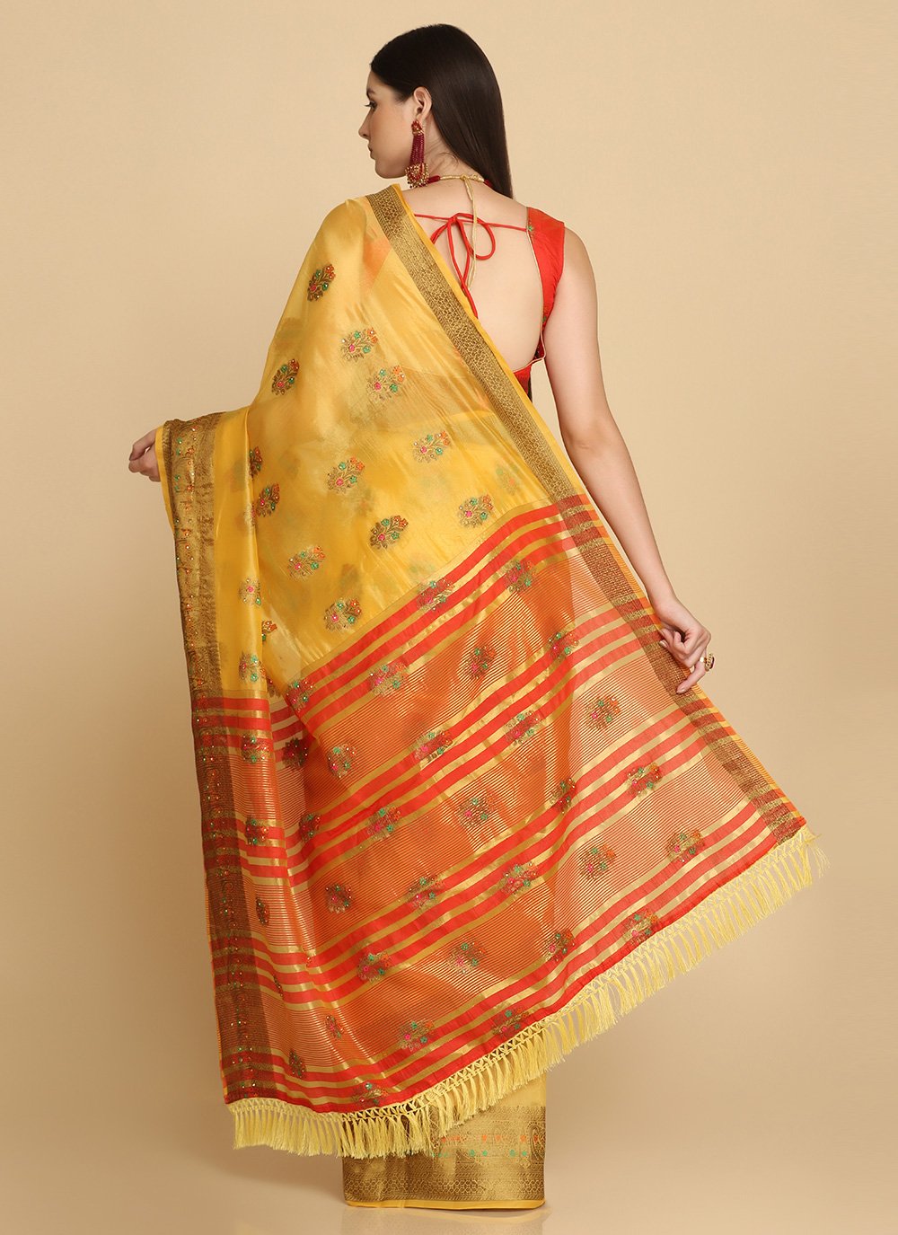 Traditional Saree Organza Yellow Weaving Saree