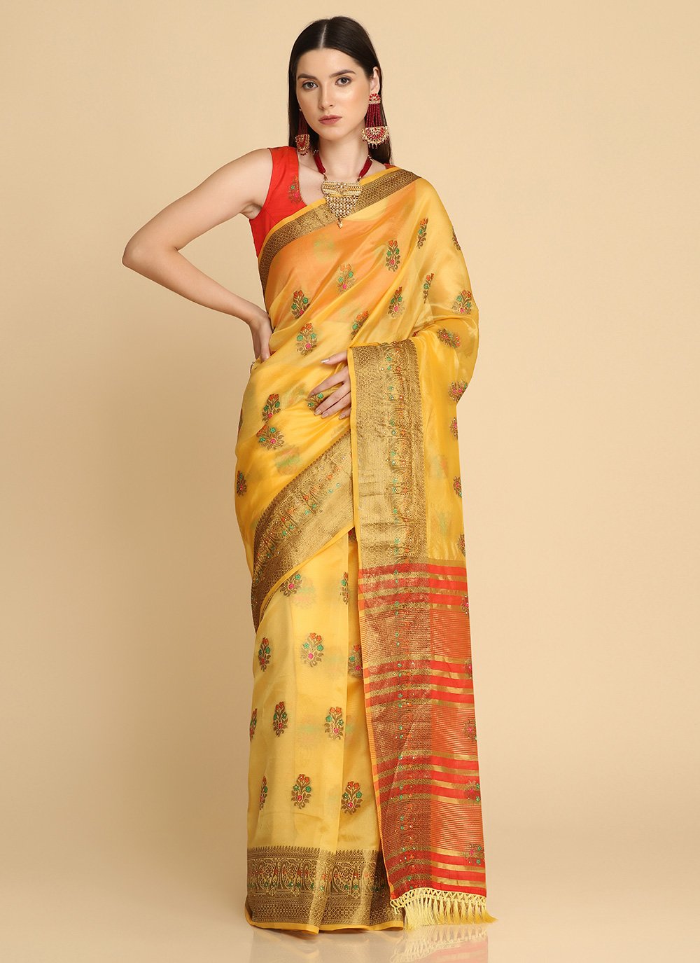 Traditional Saree Organza Yellow Weaving Saree