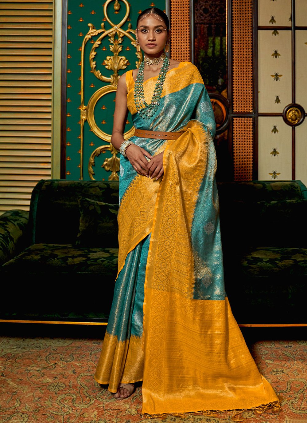 Contemporary Handloom Silk Yellow Weaving Saree