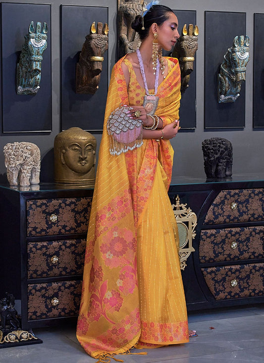 Trendy Saree Organza Yellow Weaving Saree