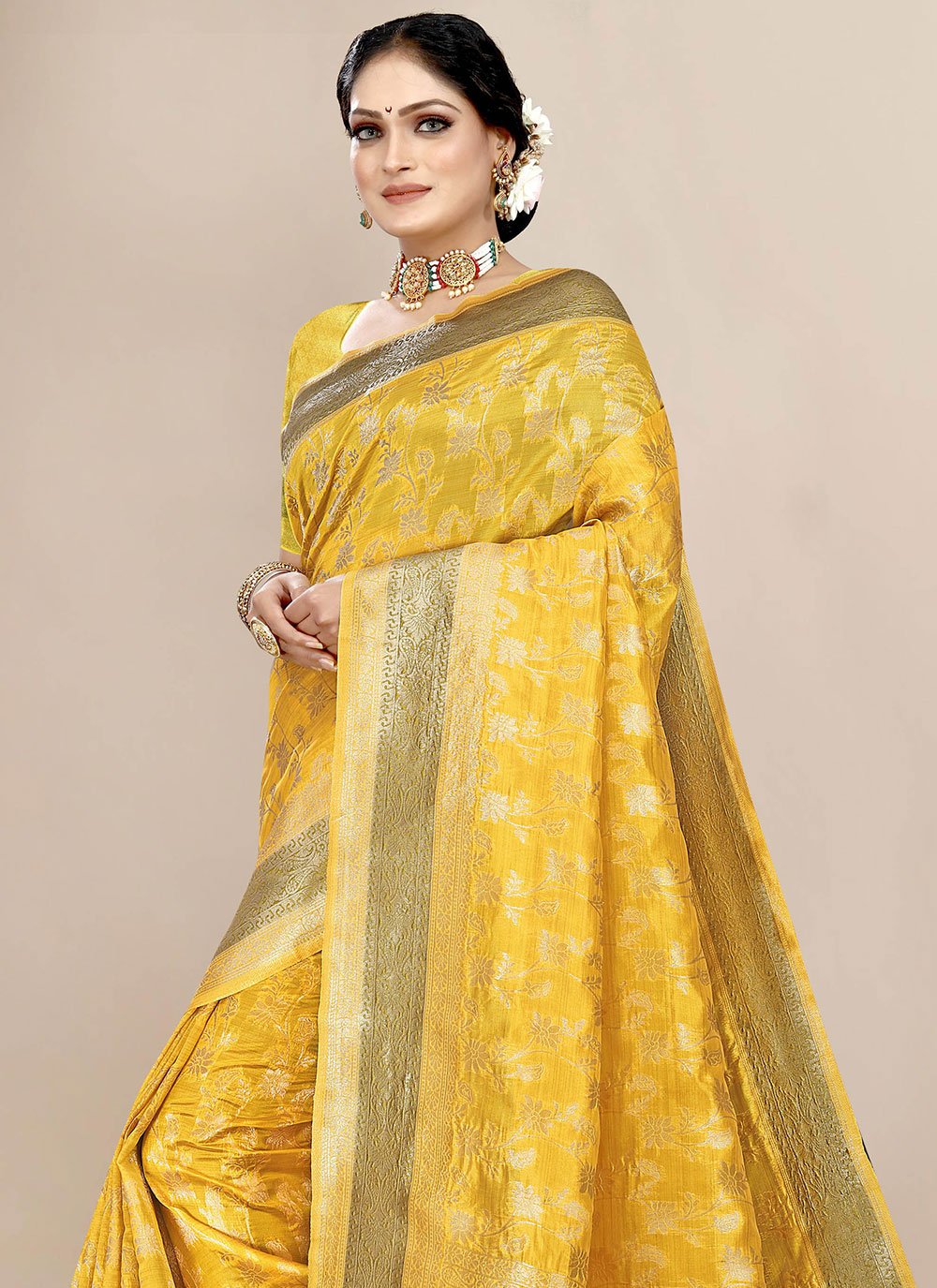 Traditional Saree Organza Yellow Weaving Saree