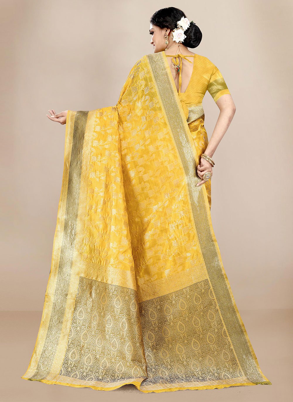 Traditional Saree Organza Yellow Weaving Saree