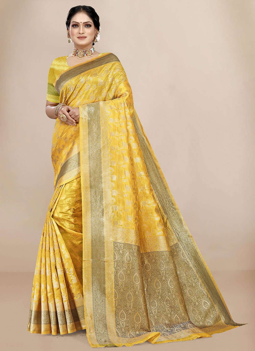 Traditional Saree Organza Yellow Weaving Saree