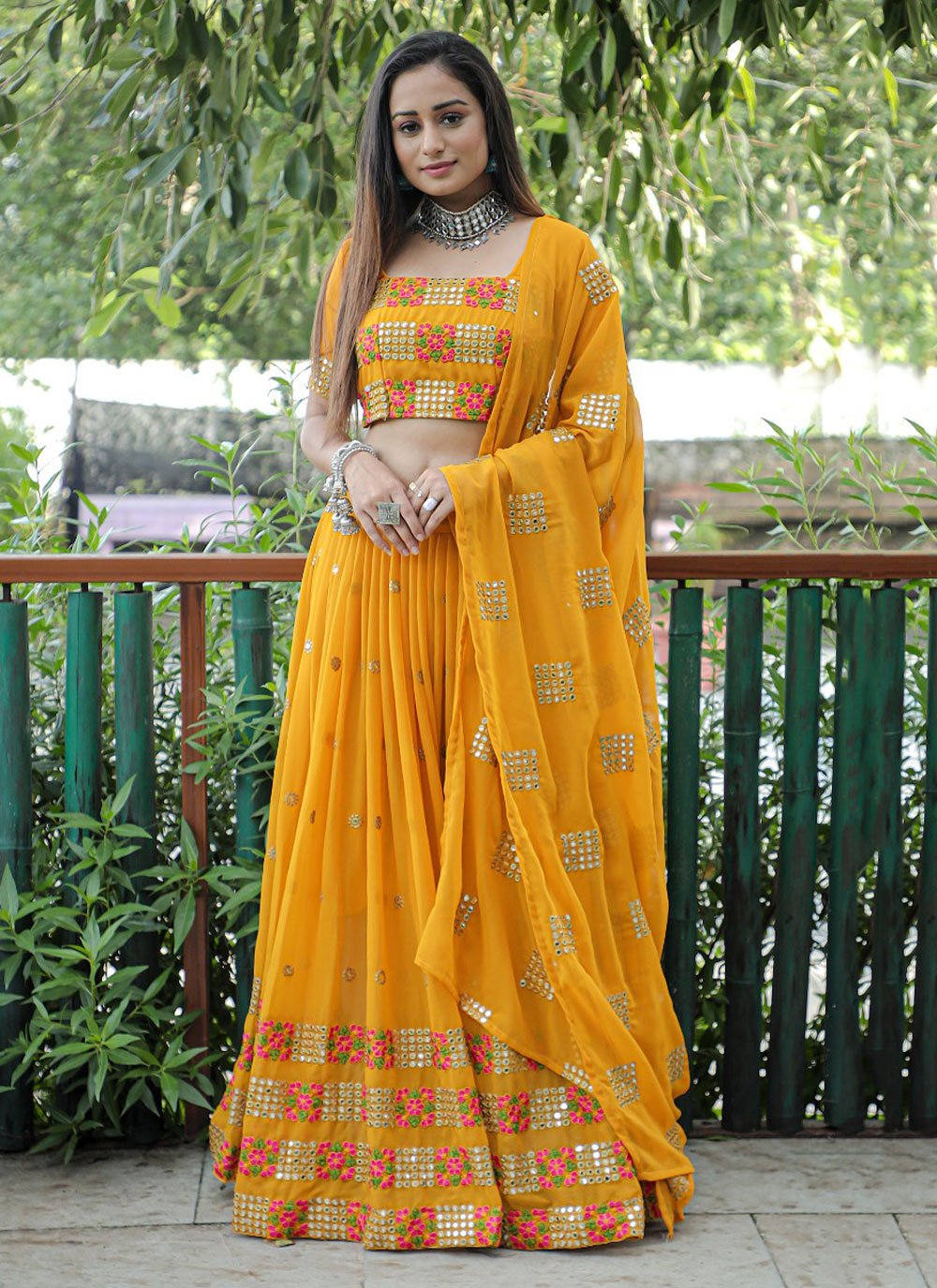 A Line Lehenga Georgette Yellow Embroidered Lehenga Choli