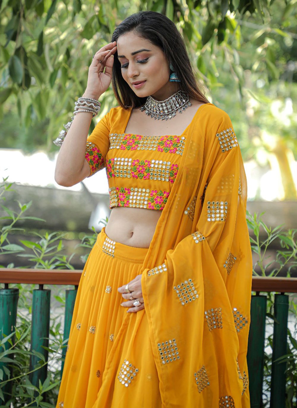 A Line Lehenga Georgette Yellow Embroidered Lehenga Choli