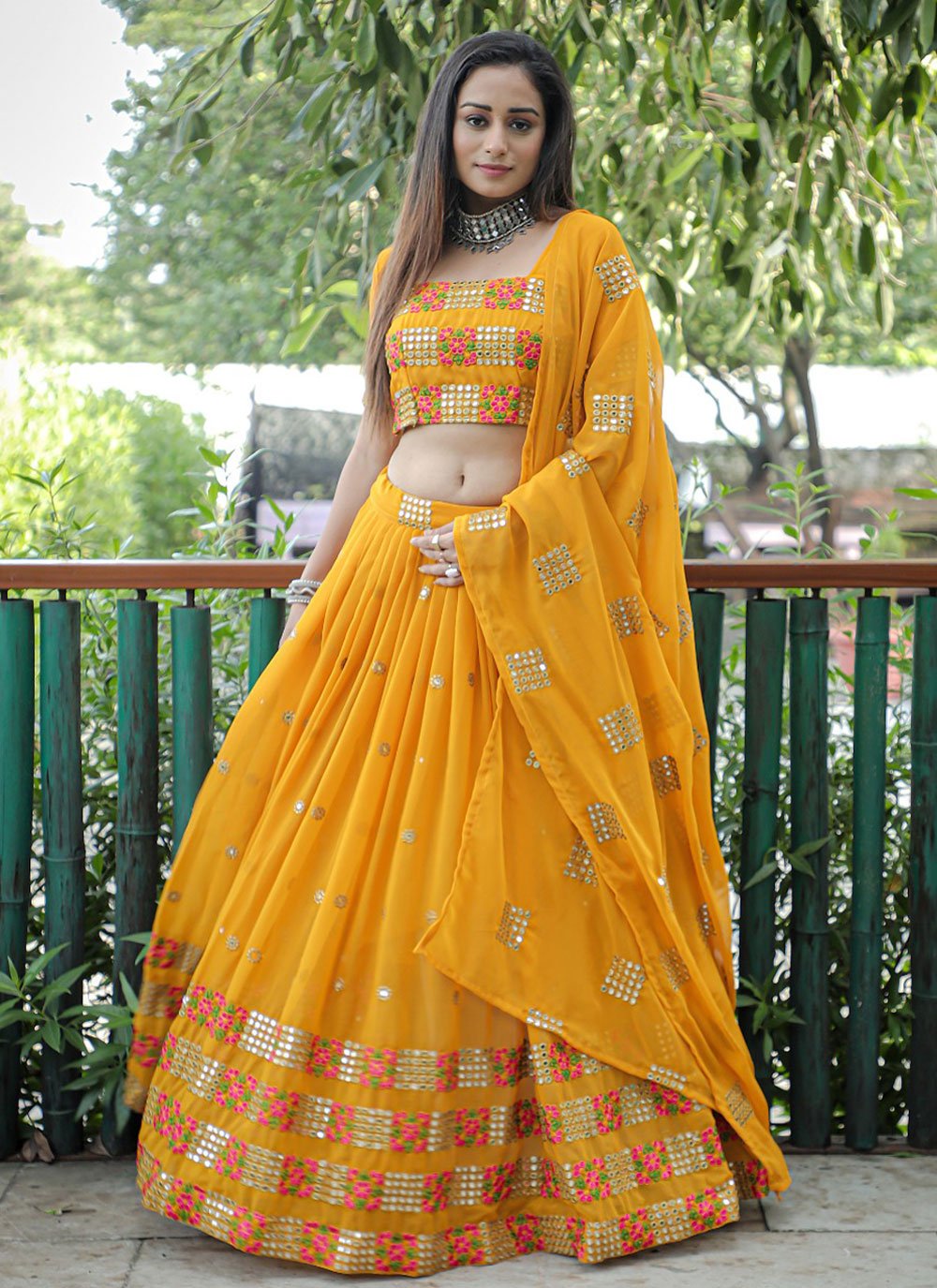 A Line Lehenga Georgette Yellow Embroidered Lehenga Choli