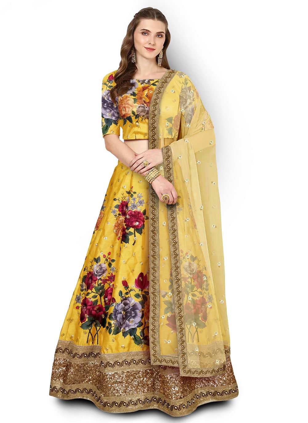 Lehenga Choli Art Silk Yellow Digital Print Lehenga Choli