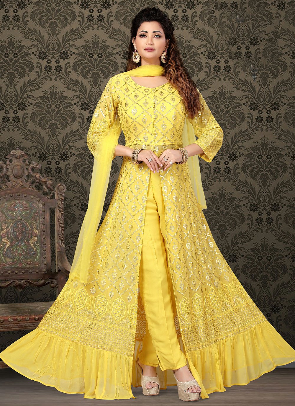 Salwar Suit Georgette Yellow Embroidered Salwar Kameez