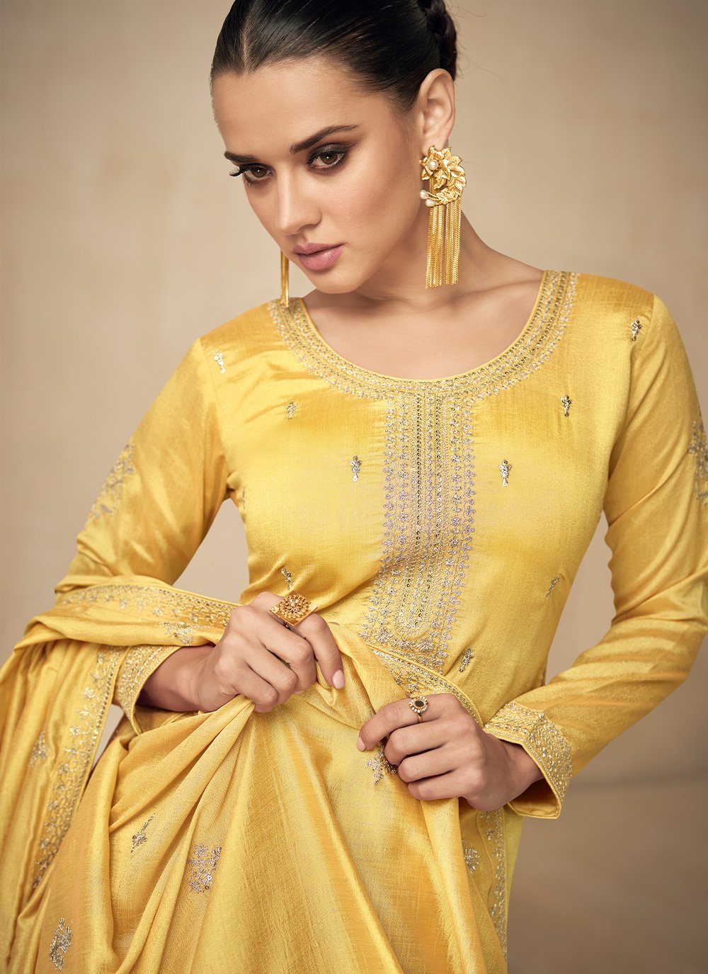 Salwar Suit Silk Yellow Embroidered Salwar Kameez